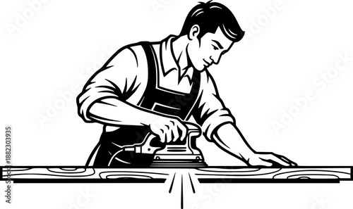 Carpenter man sanding wood plank craftsmanship vector icon

