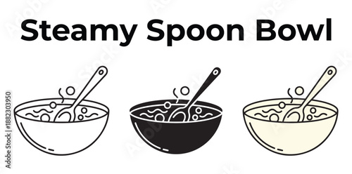 A steaming bowl of food with a spoon in it, presented in three different color variations.