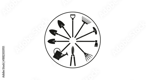 Gardening tools arranged in a circular pattern.