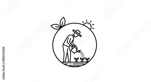 Simple line art illustration of a gardener watering plants in a circular frame.