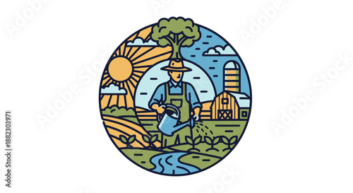 Farmer working in a field with a factory in the background.