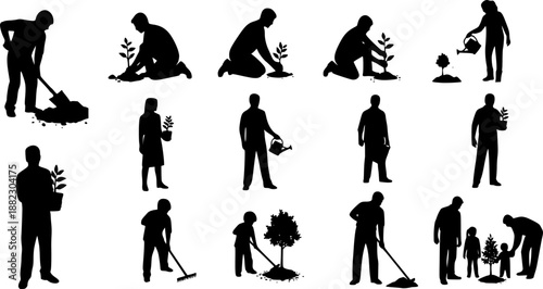 Silhouette of people planting trees various poses set collection. Family gardening and planting trees outdoor different poses silhouette set.
