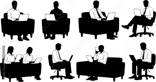 Vector set of business people sitting silhouettes. silhouette man sitting on armchair. men and women sit on armchair, office chair with laptop, tablet, front, side view. isolated on white background.