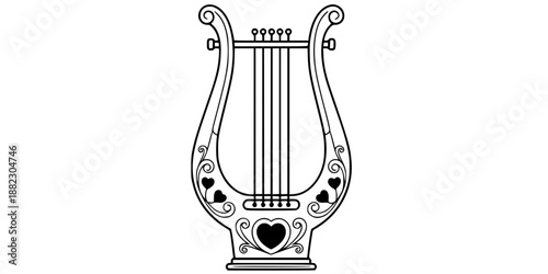 Classical harp musical instrument with heart details vector illustration black and white