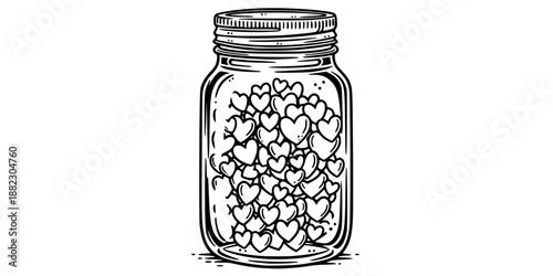 Rustic mason jar filled with love hearts vector illustration black and white