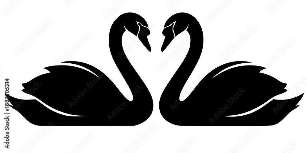 Fototapeta premium Two swans forming a heart shape with necks vector illustration black and white