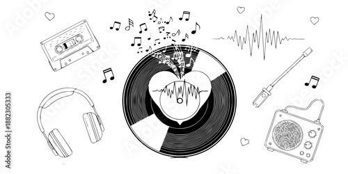 Vinyl record with heart shaped label music love vector illustration black and white