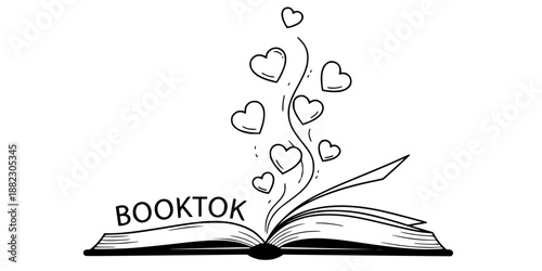 Open book with rising magic hearts reading lover vector illustration black and white