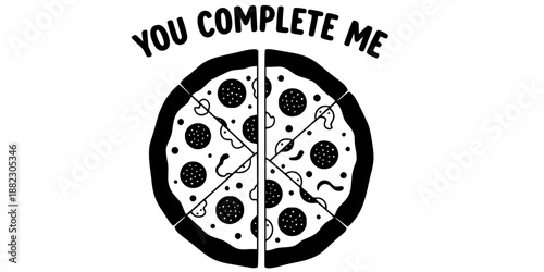 Matching pizza slices couple foodie love concept vector illustration black and white