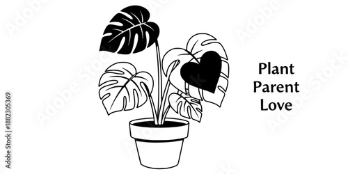 Potted monstera plant with heart shaped leaf vector illustration black and white
