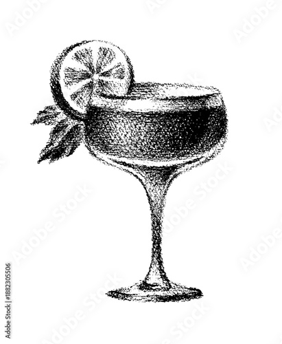 Cocktail halftone. Limoncello Mediterranean drink with lemon. Martini, aperol, wine glass. Rough collage element, vintage hand drawn vector. Retro Italian Amalfi cocktail glass, summer alcohol bar bg