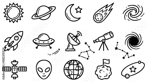 20 vector line icons depicting outer space, astronomy, and cosmic exploration. Outline symbols for planets, rockets, astronauts, telescopes, and celestial phenomena.