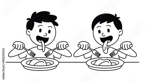 Two cartoon boys enjoying a meal with exaggerated expressions of delight