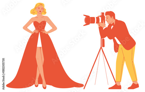 A cartoon illustration of a photographer taking a picture of a beautiful woman in a red dress