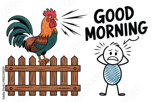 A cartoon rooster wakes up a person with a loud good morning