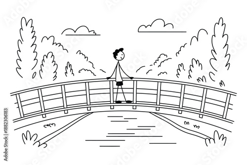 A person walking alone on a serene bridge surrounded by nature