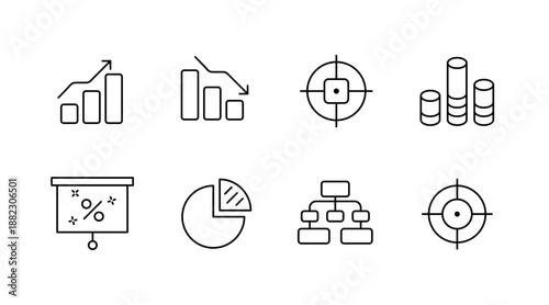 Set of business icons depicting growth, decline, target, finance, presentation, analytics, hierarchy, and precision