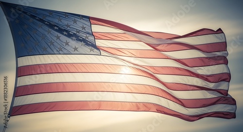 American flag waving proudly in the wind under a bright sky with sun shining through