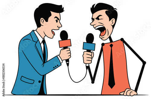A cartoon journalist interviewing a screaming businessman with microphones in a press conference setting.