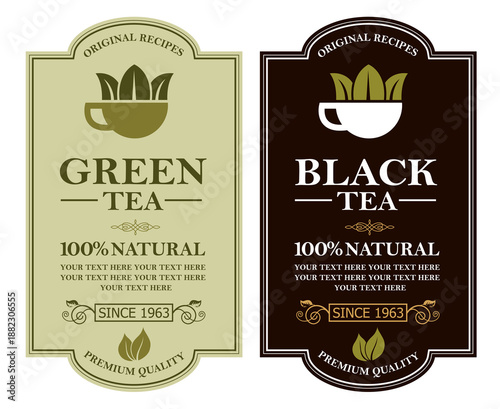 collection of green and black tea labels with leaves and cup