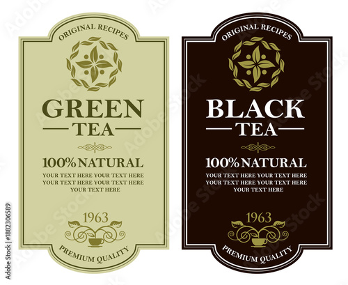 collection of green and black tea labels with leaves and cup