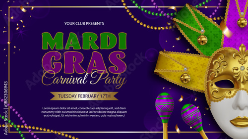 mardi gras party banner with jolly mask and maracas. carnival party invitation template with purple, yellow and green beads