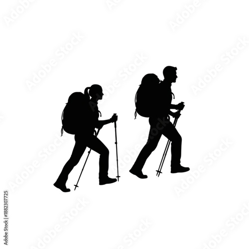 Two hikers walking with trekking poles Isolated On Transparent Background.
