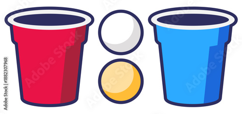 Set of beer pong illustration, red and blue plastic party cups, yellow and white ball.