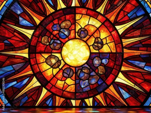 Vibrant Stained Glass Window with Circular Geometric Patterns and Warm Colors.