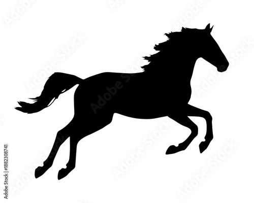 Horse silhouette, side view. Isolated black flat element of galloping, jumping, trotting, horse on white background. Vector icon, logo, illustration.
