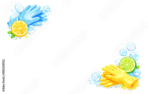 Colorful cleaning gloves with citrus and bubbles on white background