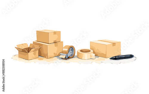 Cardboard boxes and packing supplies on white background