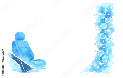 Blue car seat with water flow and bubbles artistic composition