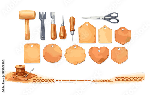 Handcrafted leather tool set with tags and stitching accessories on white background