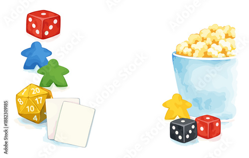 Colorful board game pieces and dice with popcorn in cup