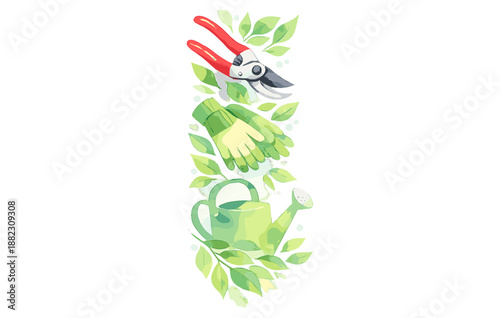 Gardening tools and greenery illustration with pruning shears, gloves, watering can