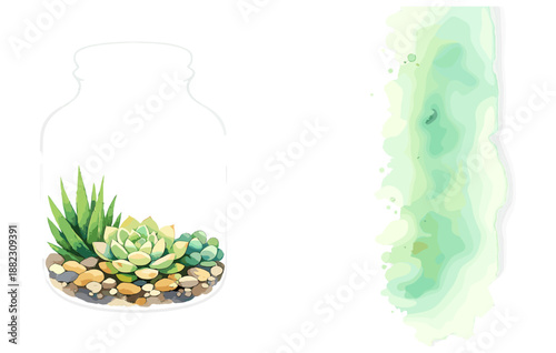 Succulent terrarium in jar with artistic green watercolor background