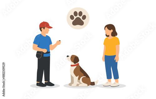 People training dog with commands and treats