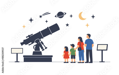 Family exploring astronomy at observatory with telescope and celestial bodies
