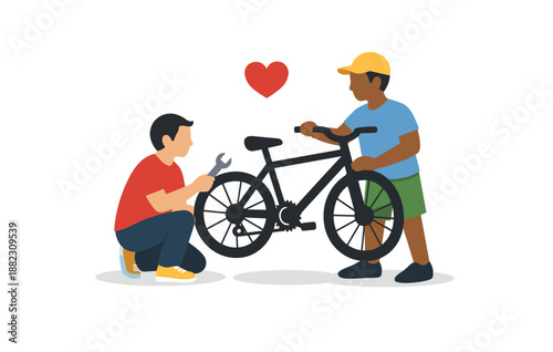 African young adult male repairing bicycle with caucasian young adult male helper