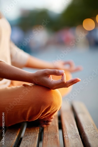 Wallpaper Mural Hands in meditation pose on a wooden bench Torontodigital.ca