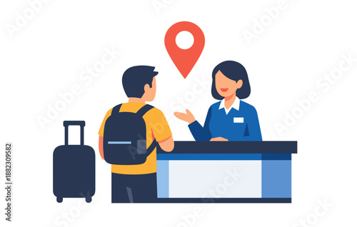 Young asian male at hotel reception desk interacting with female receptionist