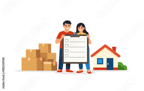 Asian couple planning move with checklist and cardboard boxes