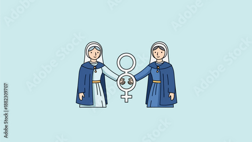 Two nuns holding hands in solidarity with gender equality symbol