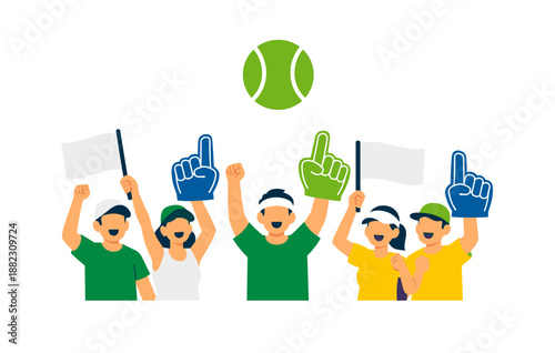 Enthusiastic tennis fans cheering with foam fingers and flags at match