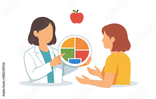 Female nutritionist explains balanced diet to young woman with food plate guide