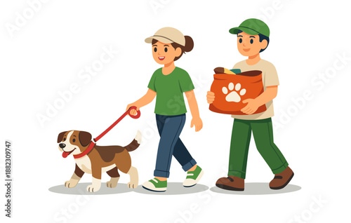 Asian adult male and female walking dog with pet supplies on white background