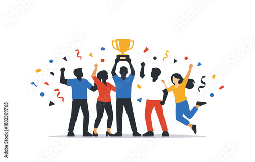 Diverse group celebrating victory with trophy amidst colorful confetti