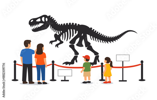 Family observing dinosaur skeleton exhibit at museum