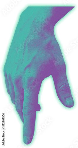 abstract grainy gradient human hand reaching out horizontally with pointing finger isolated on transparent background in teal and purple duotone noise texture for surreal digital collage element